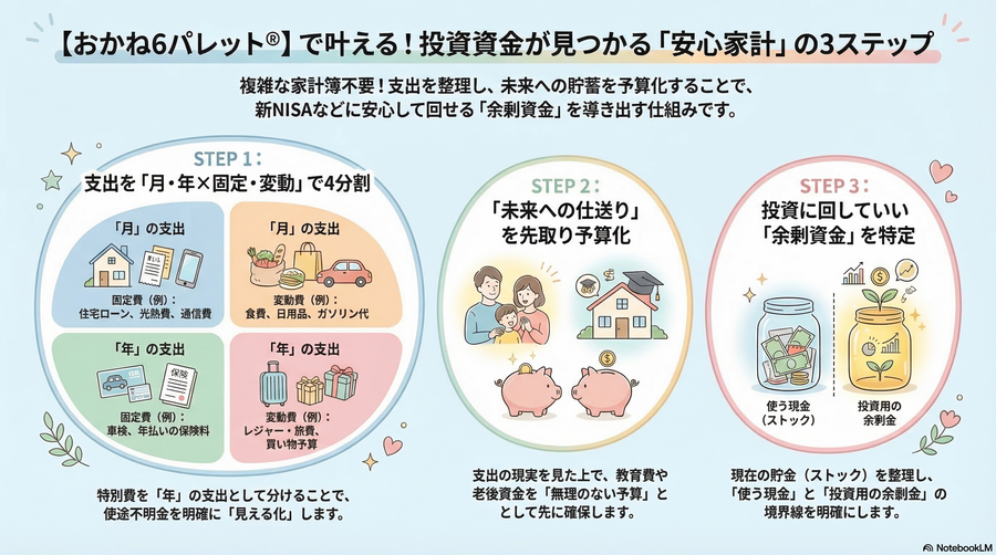 シートを埋めるだけで投資資金が見つかる！？
【おかね６パレット🄬】が叶える安心家計3つのステップ