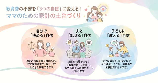 【10〜15年後の教育費】将来のお金に不安なママへ。
「続けられる家計の土台」で手に入る3つの自信✨