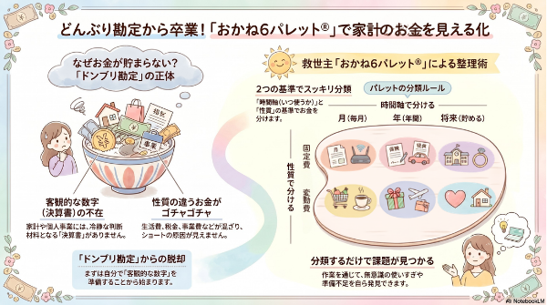 「ドンブリ勘定」から卒業！
救世主『おかね６パレット®』で家計を見える化！