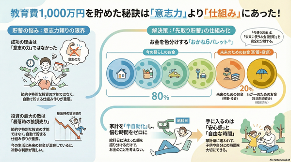 教育費1,000万円を貯められた秘訣！
投資も家計管理も、成功のカギは予算化という【先取り貯蓄】の仕組みにありました。