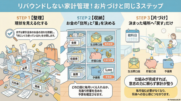 家計管理は「お片づけ」の流れと同じ！リバウンドしない家計を作る【整理・収納・片づけ】の3ステップ