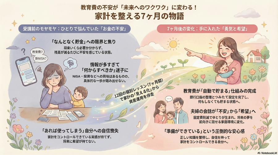 教育費【貯まる家計12回コース】個別レッスン受講生さんの変化がすごかった！
７ヶ月で家計の不安は減らせる
