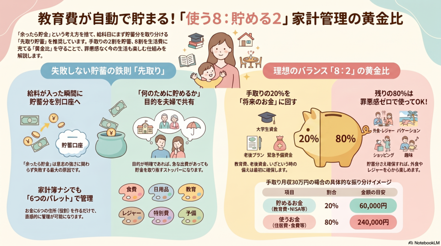 【貯金が苦しいママへ】教育費が自動で貯まる！
「使う8：貯める2」先取り貯蓄の黄金比と家計管理の基本ルール